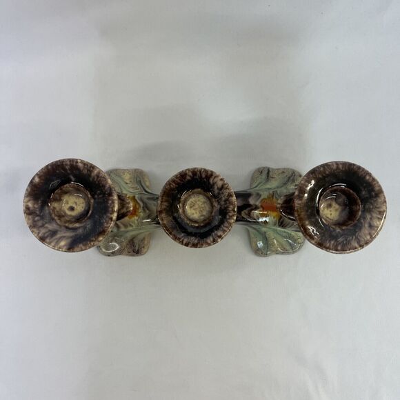 Vintage Germany Pottery Triple Candle Holder Jasba Keramik Orange Brown Glazed - Picture 6 of 9